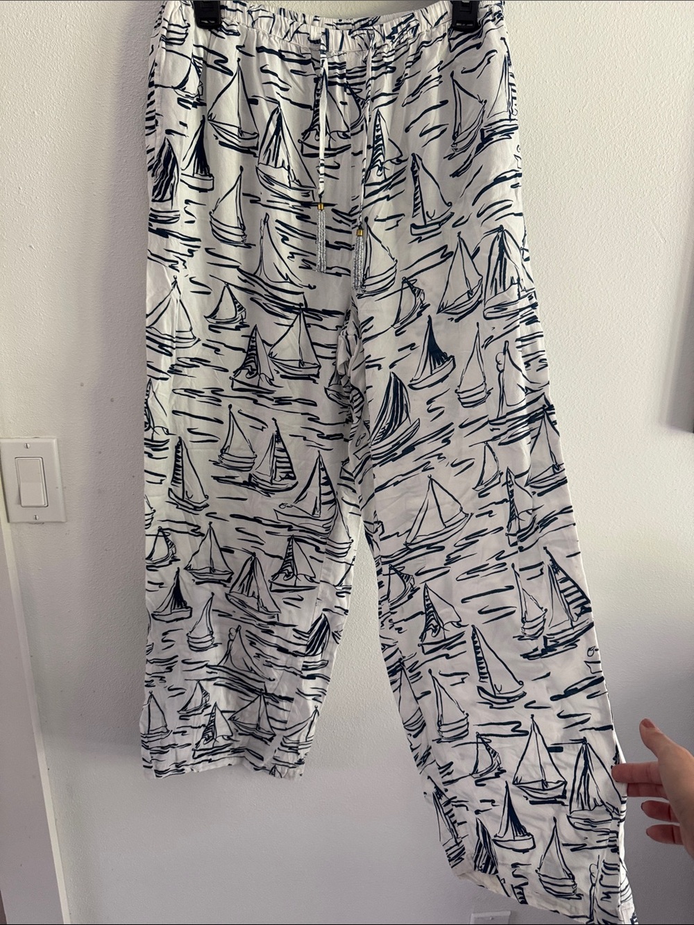 Women’s White Sailboat Print Wide-Leg Pants L